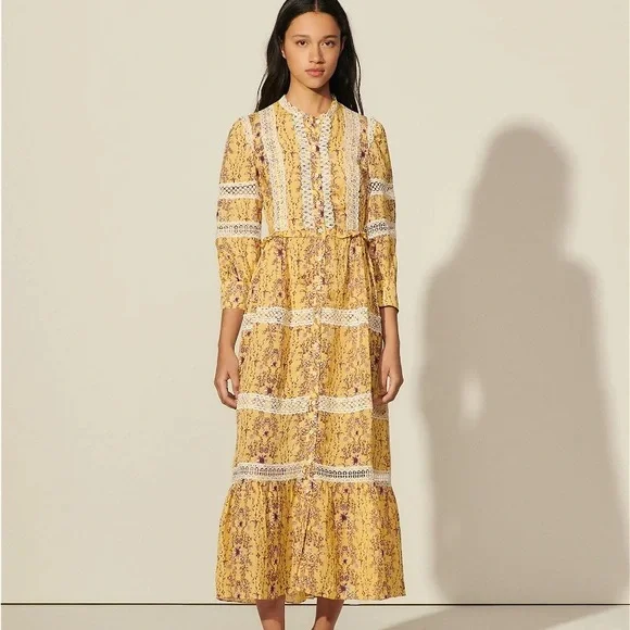 Sandro | Dresses | Sandro Floral Maxi Dress With Lace Trim | Poshmark